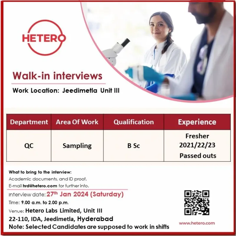 Hetero Labs Limited - Walk-In Interviews for Fresher on 27th Jan 2024